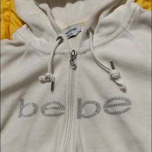 Bebe white velvet hoodie swarovski crystals logo